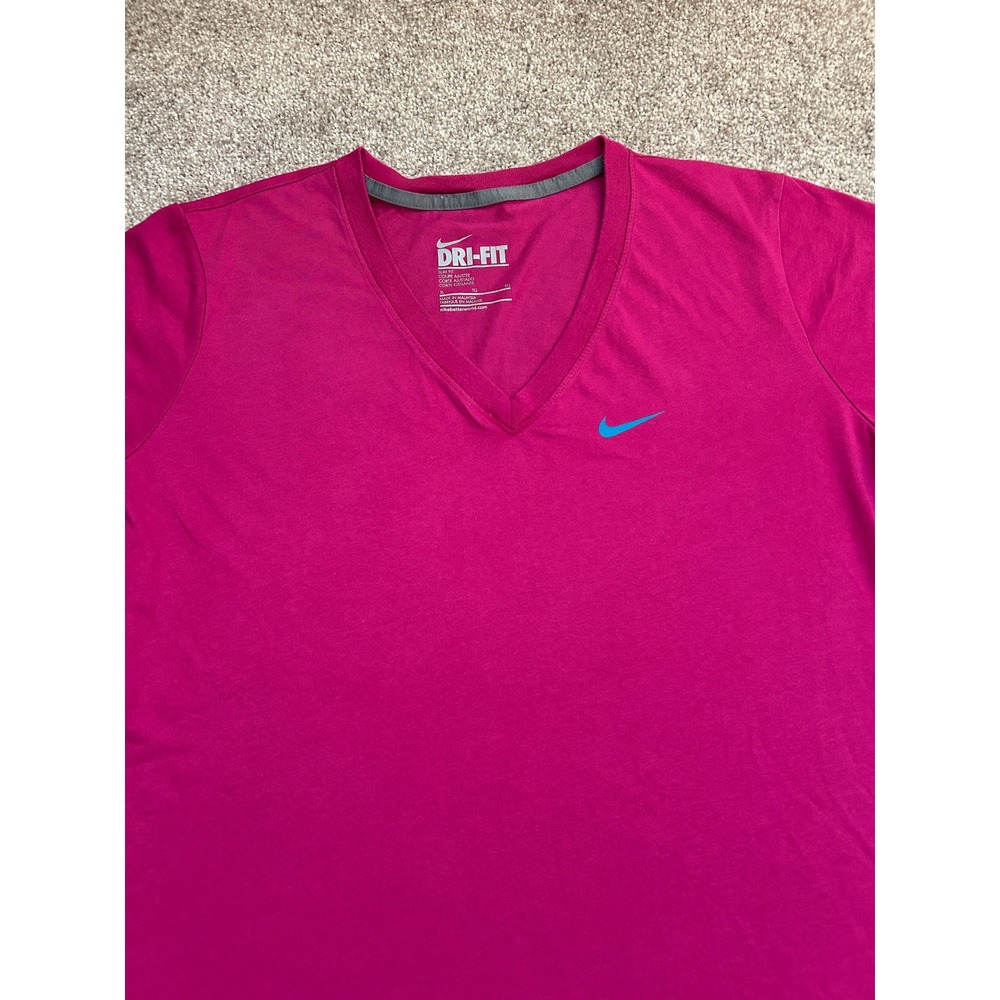 Nike Dri-FIT V-Neck T-Shirt Womens XL Pink Excellent Slim Fit Short Sleeve